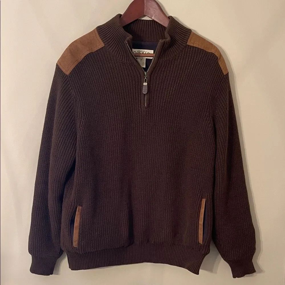 Orvis Men's Dark Brown Zip-Up Sweater with Tan Accents Size Medium